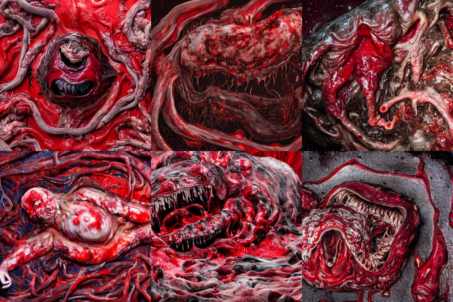 Prompt: an ultra-detailed high-quality photo of a blob formed from fresh carcasses melting together, forming a blood-red livid amorphous mass of body horror, oozing blood, slimy, reflective, composed of random limbs, patches of fur, eyes, teeth, and intestines falling out and slithering away