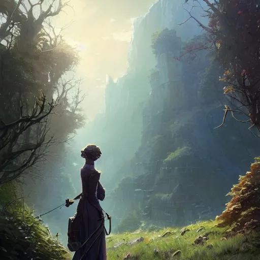 Image similar to highly detailed wayfaring widow, stephen bliss, unreal engine, fantasy art by greg rutkowski, loish, rhads, ferdinand knab, makoto shinkai and lois van baarle, ilya kuvshinov, rossdraws, tom bagshaw, global illumination, radiant light, detailed and intricate environment