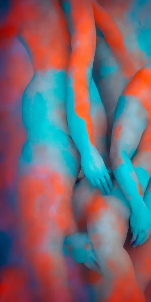 Image similar to a blurry closeup picture of abstract gorgeous human bodies gripping each other tightly, macro photography, long exposure photograph, surrealism, anamorphic bokeh, orange and cyan lighting, cinematic