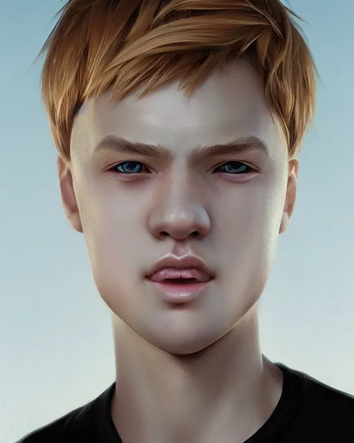 Image similar to portrait of 1 5 - year - old boy with blonde hair, round - face, with long toothed, hyper realistic face, beautiful eyes, character art, art by artgerm lau and wlop and and ilya kuvshinov and john singer sargent, hyperdetailed, symmetrical, cryengine, trending on artstation, digital art