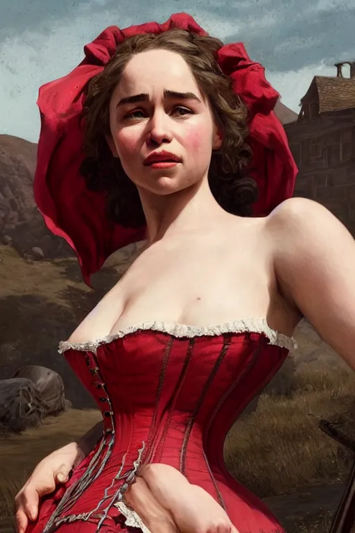 Image similar to Emilia Clarke in a 1800s American Corset in Red Dead Redemption anatomy, only two hands, highly detailed, digital painting, artstation, concept art, smooth, sharp focus, illustration, Unreal Engine 5, 8K, art by art by artgerm and greg rutkowski and edgar maxence