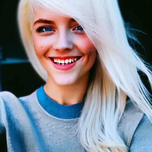 Image similar to beautiful selfie of a cute thin young woman smiling smugly, long light platinum blonde hair, flushed face, small heart - shaped face, cute freckles, light blue eyes, golden hour, 8 k, instagram