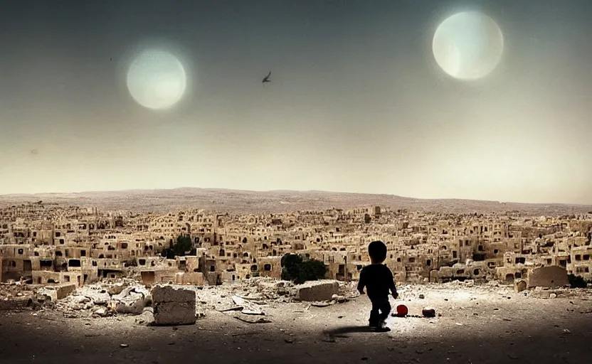 Image similar to “little boy figure lost (in the middle of the scene), epic view of Hummus in Syria in destruction, evening time clear sky, sad atmosphere, ruins, heartbreaking landscape, hyperdetailed, hyperrealism, trending on artstation, award winning photograph, photograph taken by Margaret Bourke-White, photorealistic, 8k, concept art, cinematographic, uhd, epic lighting”