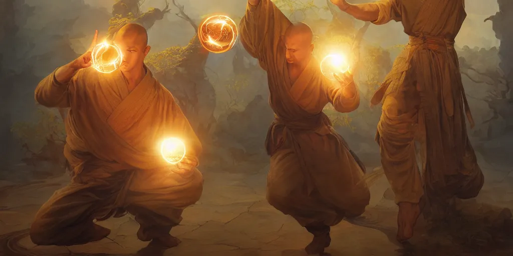 Image similar to shaolin monks holding an orbs of light. fantasy, digital painting, golden hour, 8 k, highly detailed. realistic award, disney concept art, watercolor splash, illustration by mandy jurgens, alphonse mucha hidari and wlop and greg rutkowski