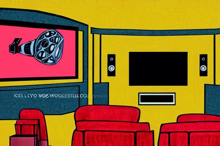 Image similar to very wide view, a modern home movie theater with big screen, stylish sconces, old popcorn machine!, movie posters!, very happy, interior designed by kelly wearstler, rough color pencil illustration