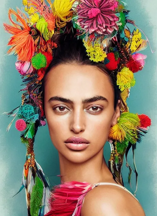 Image similar to beautiful portrait of Irina Shayk wearing fantastic Hand-dyed cotton dress,embellished beaded feather decorative fringe knots ,colorful pigtail,subtropical flowers and plants,symmetrical face,Pantone,intricate,elegant,highly detailed,8k,post-processing,digital painting,trending on pinterest,harper's bazaar,concept art, sharp focus, illustration, by artgerm,Tom Bagshaw,Lawrence Alma-Tadema,greg rutkowski,alphonse Mucha