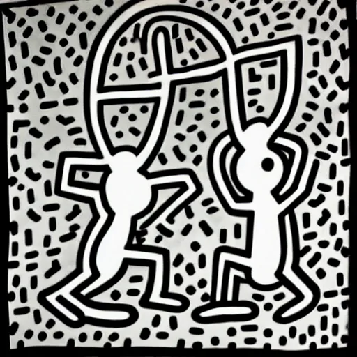 Image similar to a white dog and a black cat by keith haring