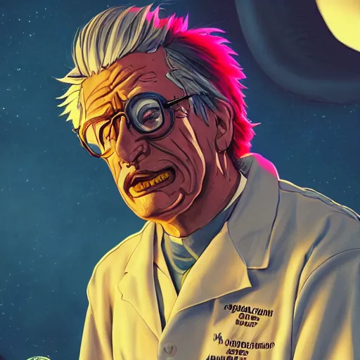 Prompt: portrait art illustration of old rick sanchez, lab coat and tee shirt, lens flare, atmosphere, glow, detailed, intricate, full of colour, cinematic lighting, 4 k, hyperrealistic, focused, extreme details, cinematic, masterpiece