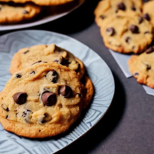 Image similar to a 5 0 mm macro shot of a plate of chocolate chip and prawn cookies