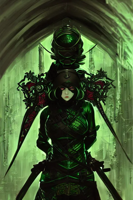 Image similar to portrait Ninja gaiden girl, armored black and green ninja wardrobe, in ruin japanese rainny temple night, ssci-fi and fantasy, intricate and very very beautiful and elegant, highly detailed, digital painting, artstation, concept art, smooth and sharp focus, illustration, art by tian zi and WLOP and alphonse mucha