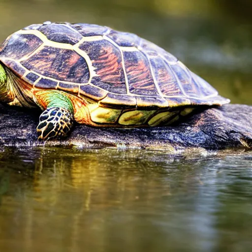 Prompt: a hyper realistic high definition 3 5 mm nature photograph of a turtle made of raw steak. natural light and river setting. dynamic composition and volumetric lighting