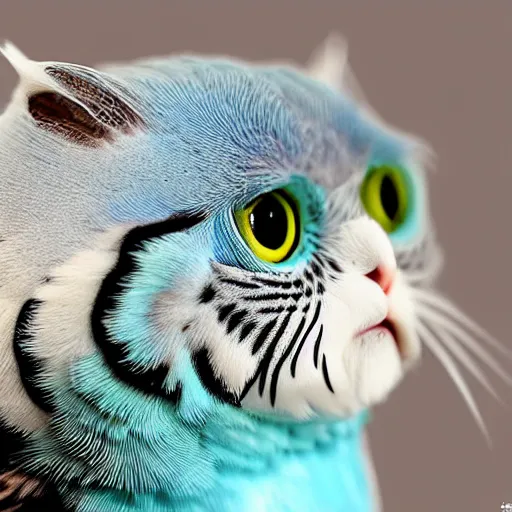 Prompt: a budgerigar - cat - hybrid, animal photography