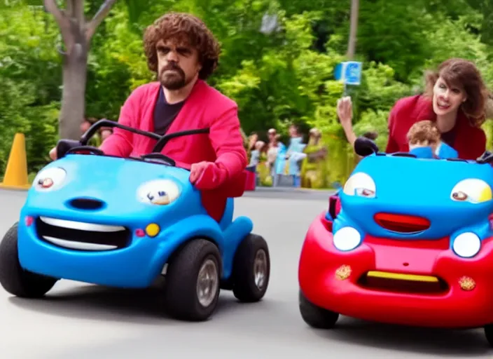 Prompt: peter dinklage and alexandra daddario driving a little tikes cozy coupe, movie still, from the new fast and furious tokyo drift movie, 8 k, realistic