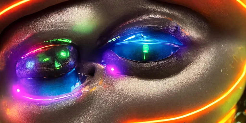 Image similar to an extreme close - up portrait of a neon glowing robot, photographic filter, unreal engine 5, realistic, hyperdetailed, 8 k, cinematic, volumetric lighting, very realistic effect, hd, hdr, 4 k, sharp focus, octane render, ultra detailed, high resolution, trending on artstation in the style of albert dros glowing rich colors powerful imagery