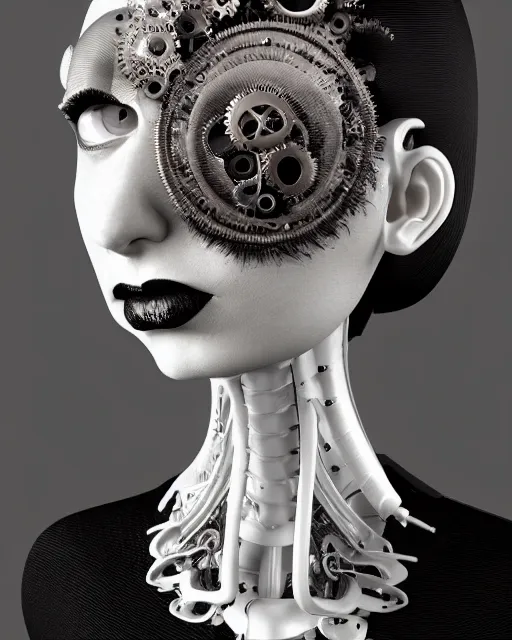 Prompt: black and white dreamy foggy smoky profile face portrait, one silver steampunk realistic eye biomechanical beautiful young female cyclope - cyborg - robot bust, body ribs meshes,, volumetric light, hibiscus flowers, by hg giger man ray, rim light, big gothic fashion pearl embroidered collar, 8 k