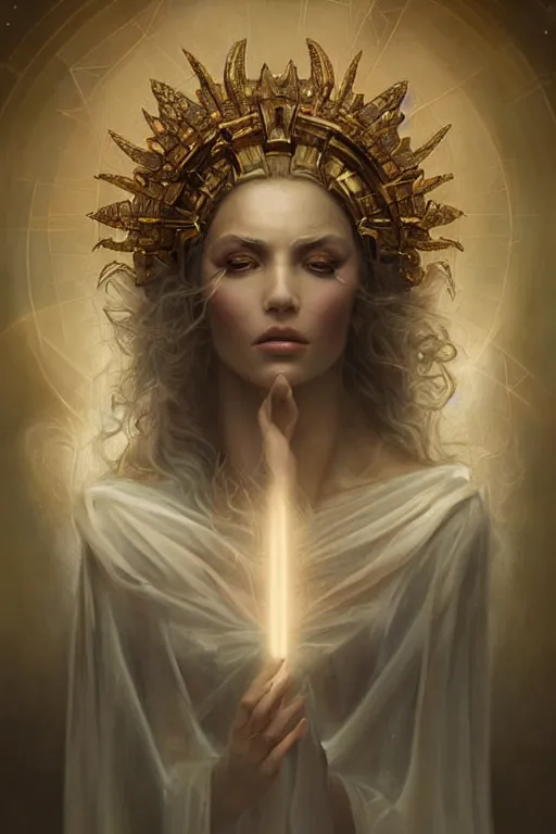 Image similar to a subtle lighting photo of an ancient powerful psychic queen, light colors, bright, sunbeams, eloquent, fancy, lovely, beautiful lighting, golden ratio, artgerm, tom bagshaw, gerald brom, detailed, small details, intricate,