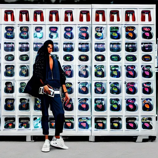 Image similar to a model wearing street fashion stands in a vast empty landscape next to a drinks vending machine