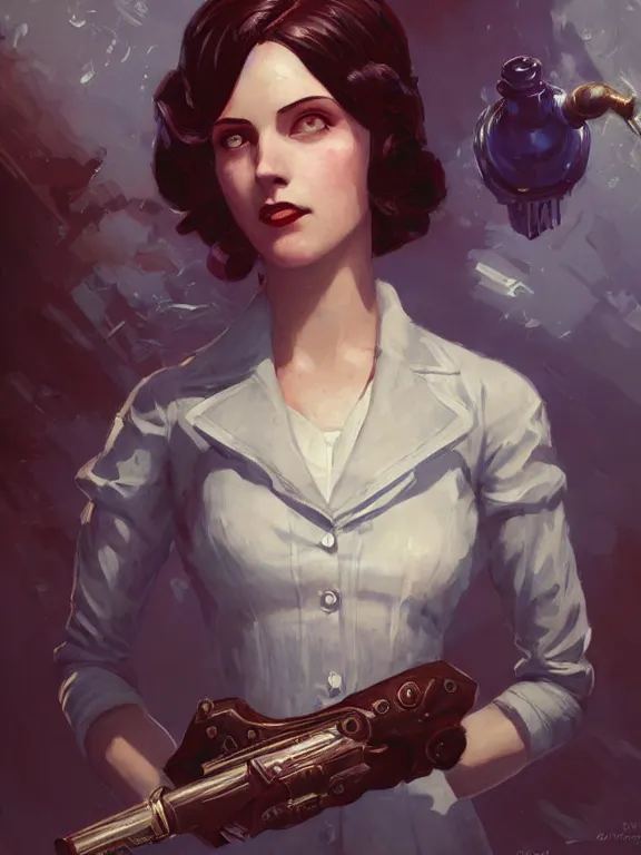 Image similar to portrait of a young woman from bioshock infinite, art by ryo shiotani and greg rutkowski, intricate, beautiful, cute, cinematic lighting, vintage art by serge ivanoff, high resolution, very detailed