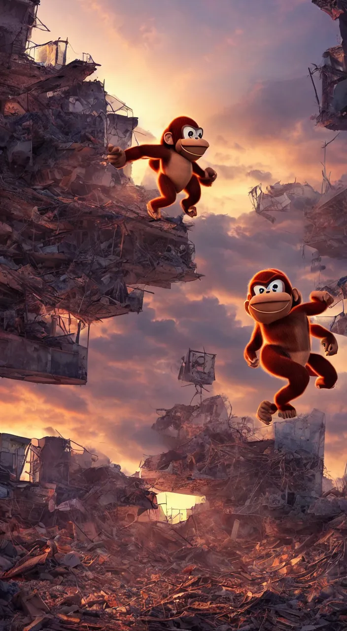 Prompt: donkey kong standing in the rubble of a destroyed building at sunset, vibrant colors, photorealistic, ultra realistic, octane render, Ray tracing