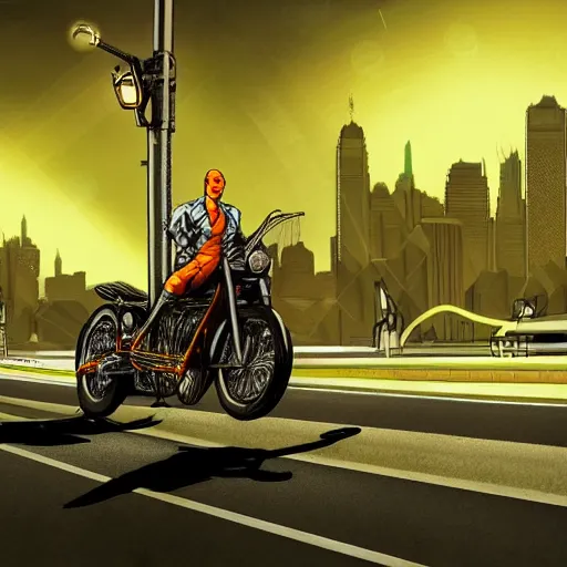 Prompt: cyborg rides a motorcycle down gotham city art deco highway, goliath statue support beams, ayn rand raised highway, filiment buld traffic lights, golden light, dark oil painting, global illumination