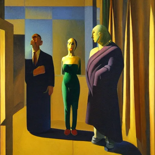 Image similar to three brutalist seers watchers oracles soothsayers portrait, pj crook, grant wood, edward hopper, syd mead, oil on canvas