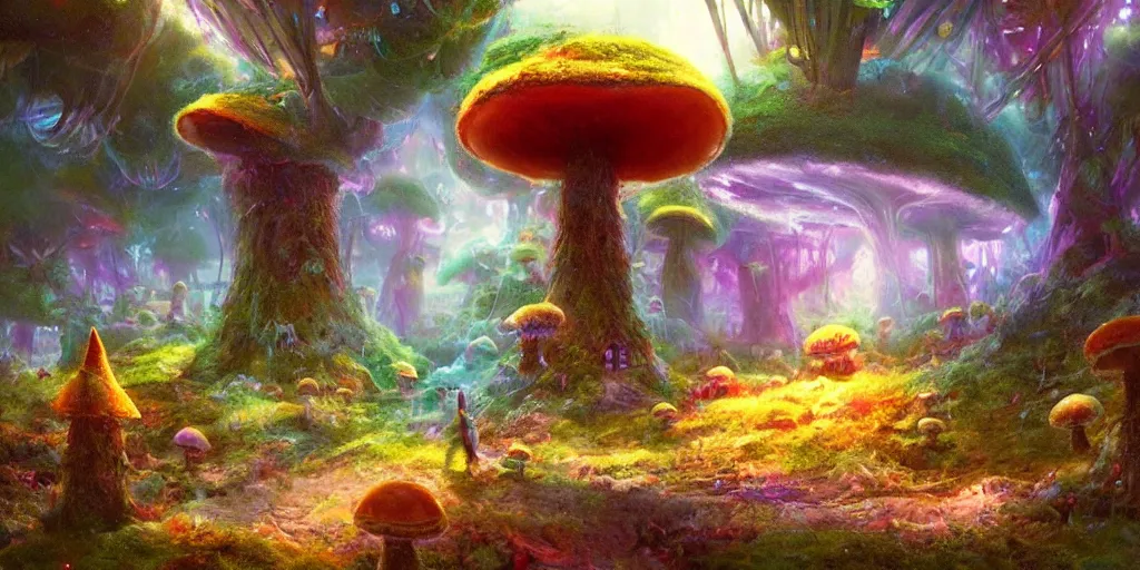Prompt: ”cute furry creatures living in giant mushroom houses in a mysterious fantasy forest, [bioluminescense, rope bridges, art by wlop and paul lehr, cinematic, colorful]”