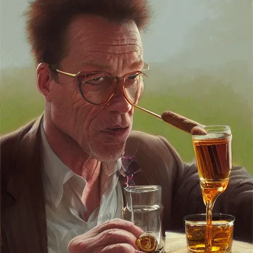 Image similar to barney from barney the dinosaur drinking whisky and smoking a cigar, portrait art by donato giancola and greg rutkowski, realistic face, digital art, trending on artstation