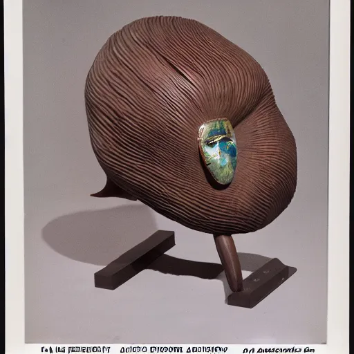 Image similar to A three color offset photography of single surrealist object on display, anthropology of wonder, (((surrealism))), exotic artifacts, colonial expedition, exhibition, 60s style