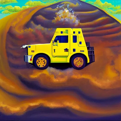 Prompt: an oil painting of a giant tonka truck, surrealism