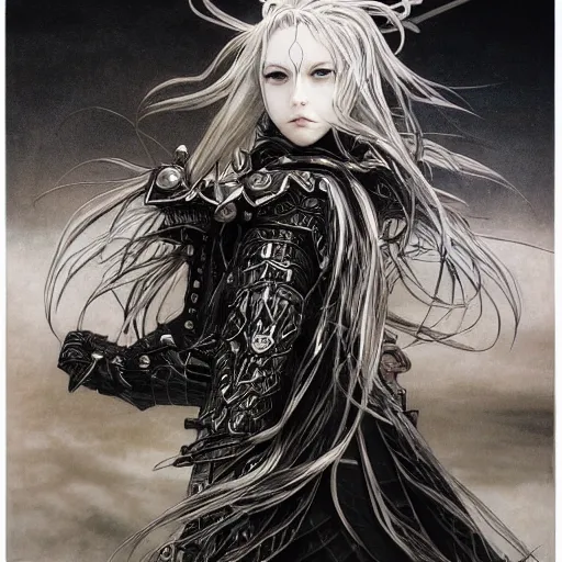 Image similar to yoshitaka amano realistic illustration of an anime girl with black eyes, wavy white hair fluttering in the wind and cracks on her face wearing elden ring armor with engraving, abstract black and white patterns on the background, noisy film grain effect, highly detailed, renaissance oil painting, weird portrait angle, three quarter view