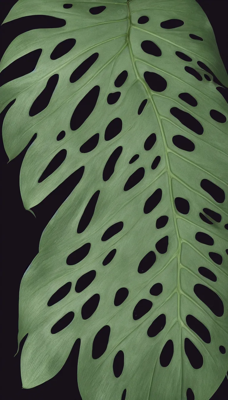 Prompt: beautiful monstera plant leaf, volumetric dramatic light, dark black background, sharp focus, highly realistic, octane render, art by greg rutsowski