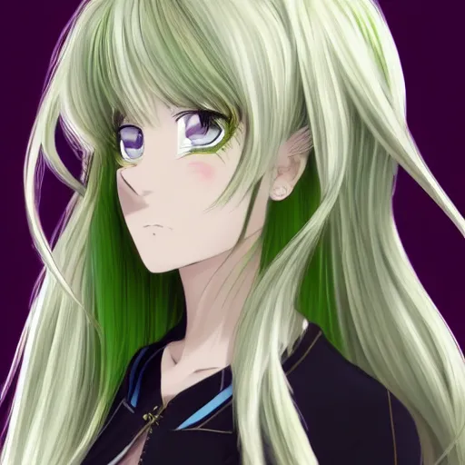 Image similar to long white hair in ponytail, tall, green and gold clothed, flower, genshin impact style, anime, 3 d anime portrait