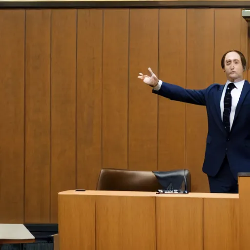 Image similar to saul goodman doing t - pose in courtroom to intimidate prosector