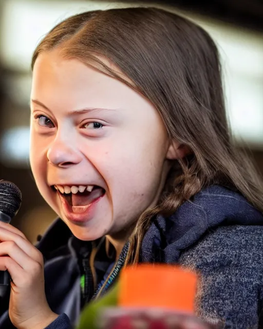 Image similar to film still close - up shot of greta thunberg giving a speech in a train station eating pizza, smiling, the sun is shining. photographic, photography