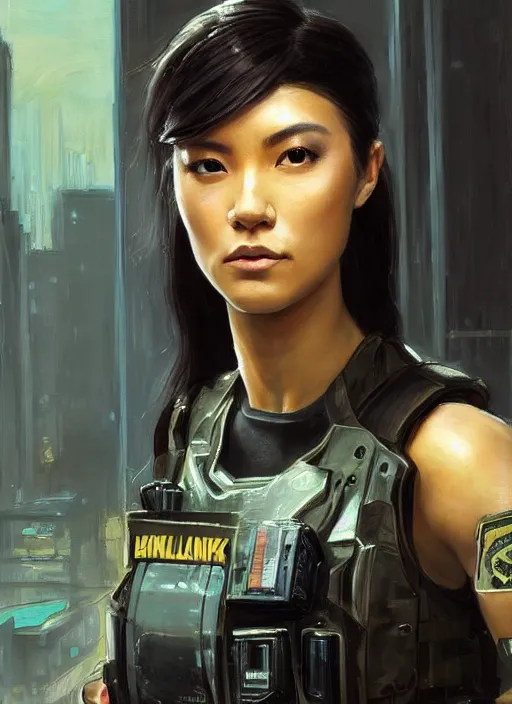 Prompt: Nikki tanaka. beautiful cyberpunk female USN marine wearing a military vest and combat gear. (Cyberpunk 2077, bladerunner 2049, rb6s). gorgeous face. Iranian orientalist portrait by john william waterhouse and Edwin Longsden Long and Theodore Ralli and Nasreddine Dinet, oil on canvas. Cinematic, hyper realism, realistic proportions, dramatic lighting, high detail 4k