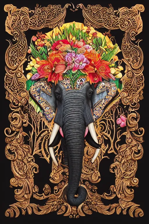 Prompt: Painted dark-wood panel relief carving of a Flowerpunk Matriarch Elephant, ornate border frame, explosion of colorful flowers, dark wood, intricately carved, black ink, festival of rich colors, intricate details, cinematic lighting, volumetric lighting, post-processing, by andreas rocha and john howe, and Martin Johnson Heade, featured on artstation, featured on behance, golden ratio, hyper detailed, photorealistic, epic composition, center spotlight, f32, well composed, UE5, 8k