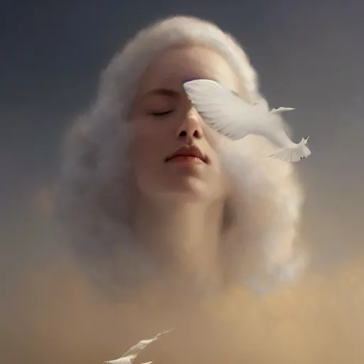 Prompt: a lot of white birds flying in the sky, a beautiful portrait of a cloud goddess with closed eyes, by Greg Rutkowski and Raymond Swanland, Trending on Artstation, ultra realistic digital art