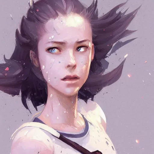 Image similar to portrait, attractive Female adventurer, soft eyes and narrow chin, dainty figure, single strap paint covered overalls, short shorts, combat boots, raining, basic white background, style of by Jordan Grimmer and greg rutkowski, crisp lines and color,