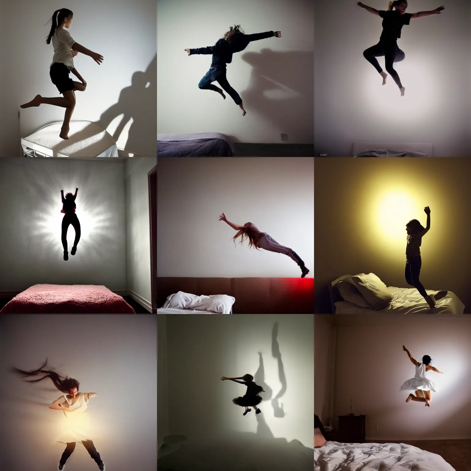 Prompt: girl jumping on her bed jeremy geddes backlit volumetric light