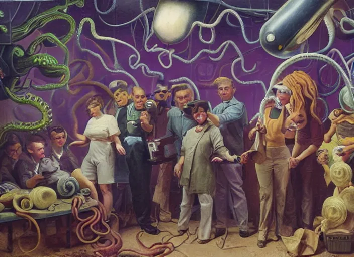 Prompt: a group of people standing around a cardboard box full of tentacled alien babies, an ultrafine detailed painting by john philip falter, shutterstock, american scene painting