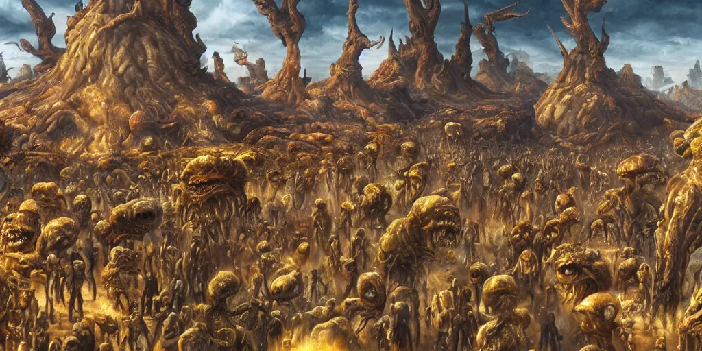 Image similar to surreal landscape oil painting of a terrifying bizarre parade deep perspective small biomorphic creatures in background large disturbing humanoids in the foreground perfect composition golden ratio epic scene unreal render hyperrealistic detail