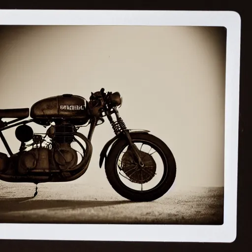 Image similar to Countryside vintage motorcycle, dramatic lighting, polaroid,highly detailed