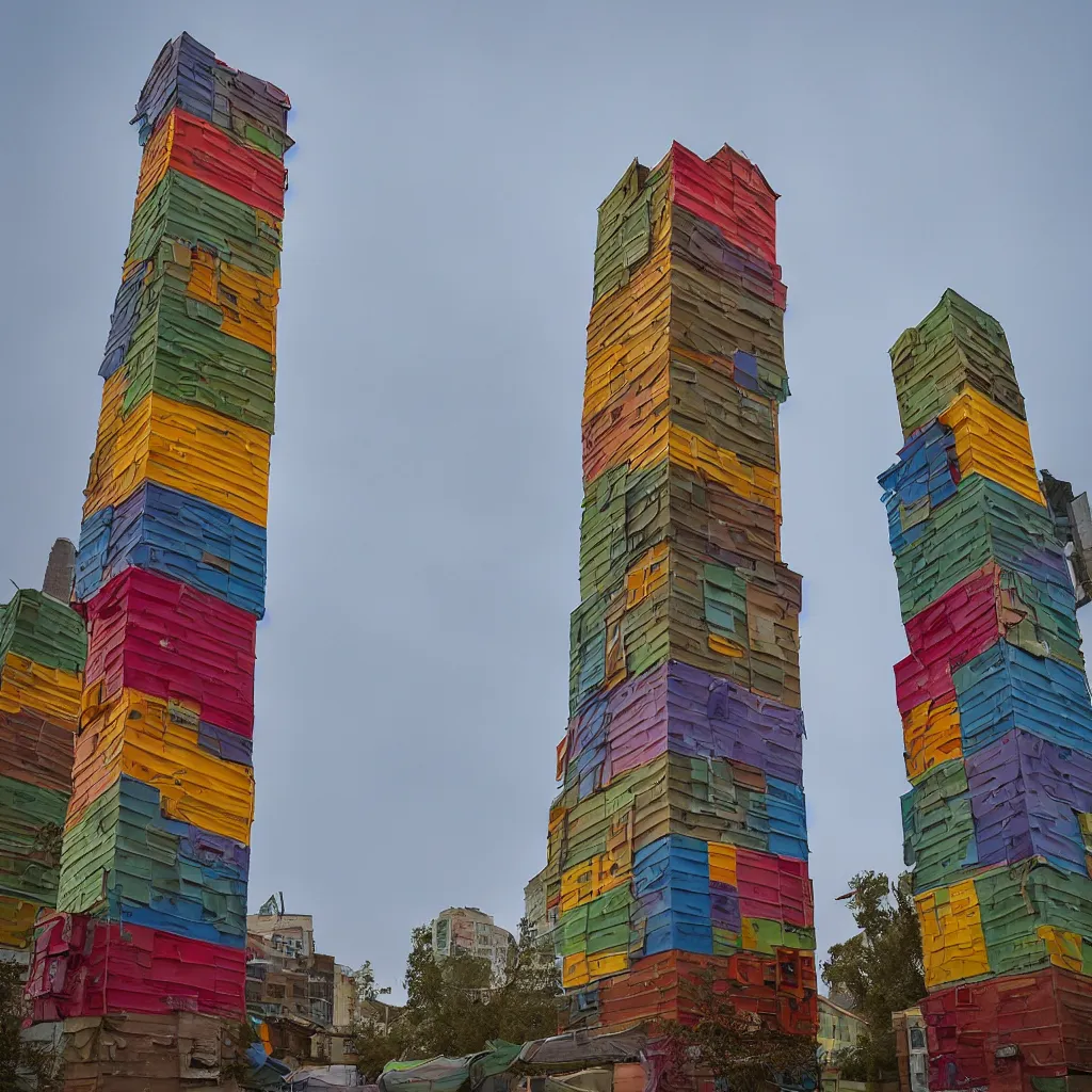 Prompt: two towers, made up of stacked makeshift squatter shacks with colourful facades, plain uniform sky at the back, misty, phase 1, f 1. 8, ultra sharp, very detailed, photographed by julie blackmon