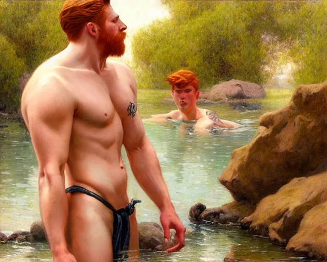 Image similar to handsome tattooed ginger gym bro bathes in the river, painting by artgerm, gaston bussiere, craig mullins, j. c. leyendecker, tom of finland