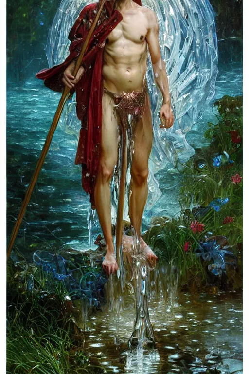 Image similar to portrait of a man wearing a knight robe, holding a fantasy staff, drenched body, wet dripping hair, emerging from the water, fantasy, regal, fractal crystal, fractal gems, by stanley artgerm lau, thomas kindkade, alphonse mucha, loish, norman rockwell