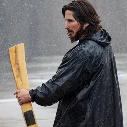 Image similar to christian bale in a clear rain coat holding an axe hd