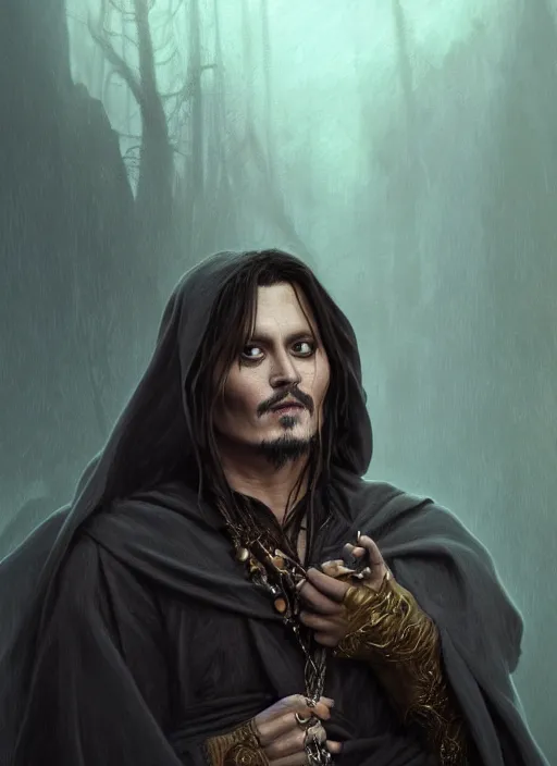 Image similar to Portrait of Johnny Depp, cloak, male, fantasy, extremely detailed, digital painting, artstation, concept art, smooth, sharp focus, illustration, stunning lighting, art by artgerm and greg rutkowski and alphonse mucha and simon stalenhag, realistic character concept, high fantasy, dark atmosphere, golden ratio, cinematic lighting, hyperdetailed, high resolution, insanely detailed and intricate, artstation, Marc Simonetti, Greg Rutkowski, 8k