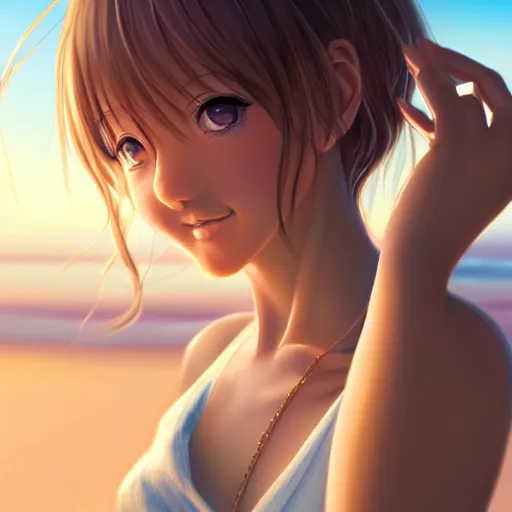 Image similar to beautiful serene intricate very detailed portrait of a realistic anime girl taking a selfie, smiling softly, wearing light loose clothing, relaxing on the beach, golden hour, soft focus, 8 k, art by irakli nadar, hyperrealism, hyperdetailed, ultra realistic