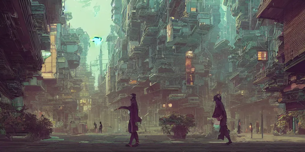 Image similar to Stunningly detailed illustration of a solarpunk explorer walking through the streets of a solarpunk utopia, highly detailed, 4k octane render, by Victo Ngai, James Gilleard , Moebius, Laurie Greasley