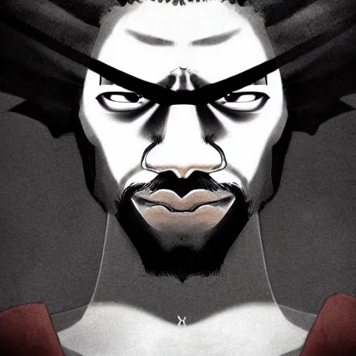 Image similar to creative illustration photo realistic intense lighting afro samurai portrait